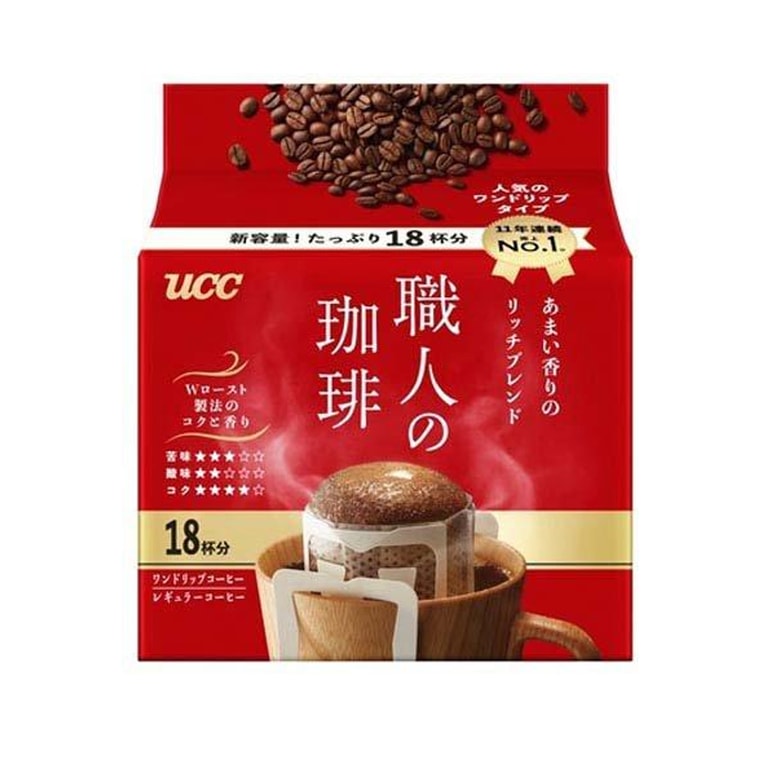日本UCC咖啡职人挂耳咖啡 纯黑咖啡粉 提神无蔗糖 18袋入 红色 醇香摩卡 深厚浓郁