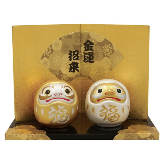 日本RYUKODO龙虎作 金运招福达摩 金色+白色一对
