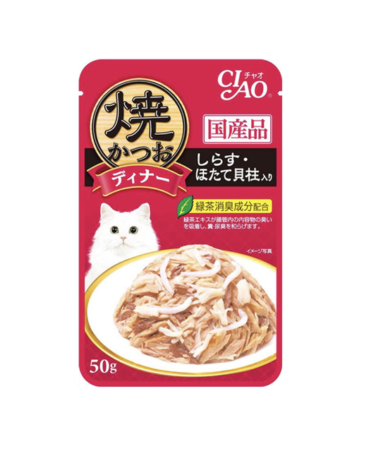 INABA 伊纳宝 CIAO 猫零食湿粮 风味烤肉餐包 烤鲣鱼+沙丁鱼+扇贝 50g