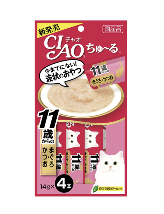 INABA 伊纳宝 CIAO 猫零食 啾噜营养猫条 高龄猫用 金枪鱼+鲣鱼 14g*4