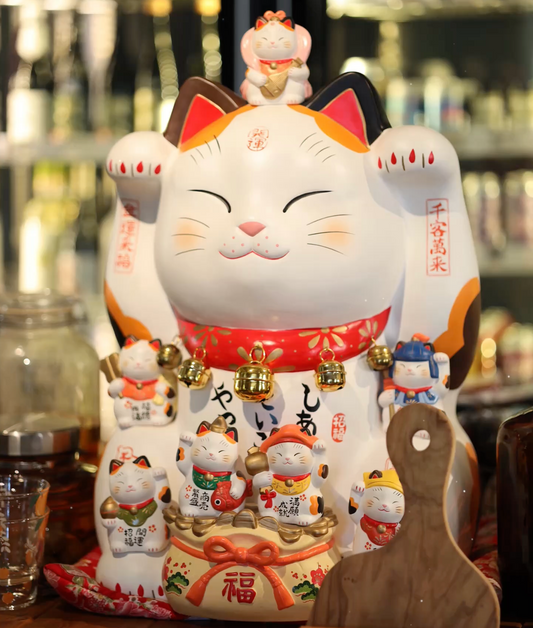 日本药师窑招财猫 千客萬来 金運来福 锦彩七福神招财猫 高度约35cm