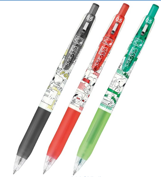 日本SARASA斑马漫画艺术史努比凝胶圆珠笔0.5mm 黑红绿3色套装