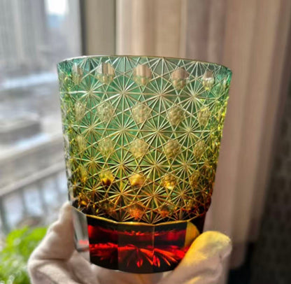 日本Yamada山田硝子 江户切子 緑繋 菊纹冷酒杯子 威士忌杯