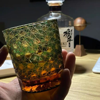 日本Yamada山田硝子 江户切子 緑繋 菊纹冷酒杯子 威士忌杯