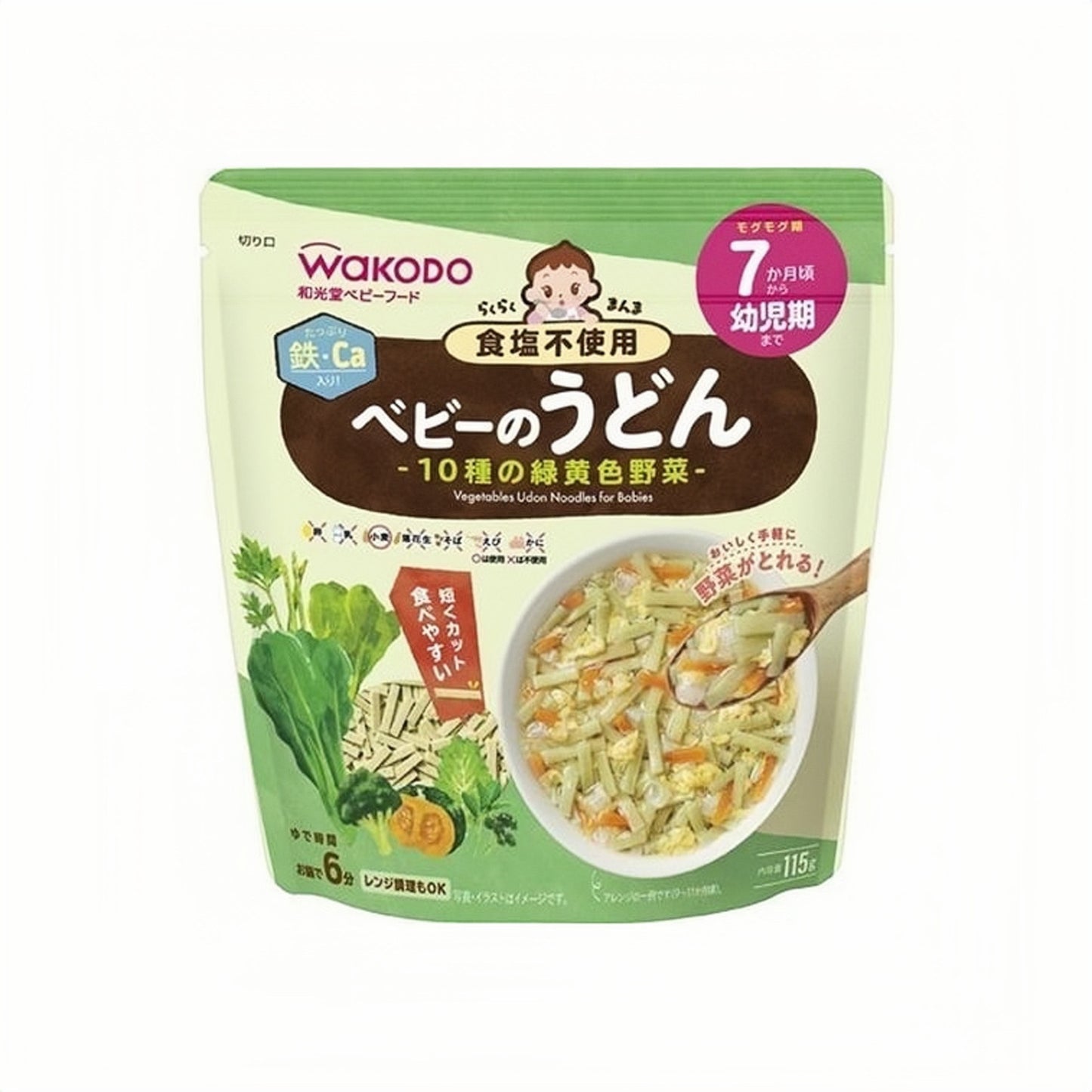 日本WAKODO和光堂 7个月+宝宝辅食面条 10种绿蔬乌冬碎面115g